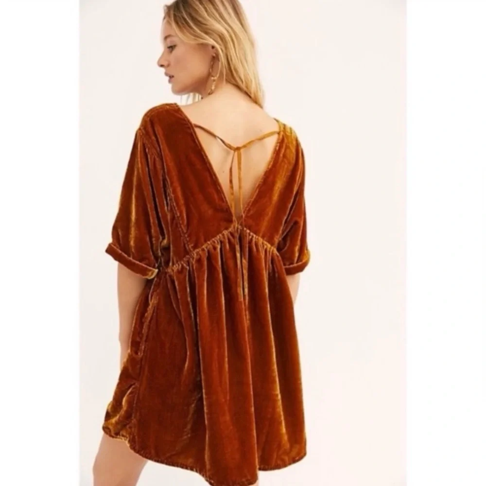Free People Ivy Velvet Mini Dress Golden Mustard Size Large NWT - Picture 4 of 7